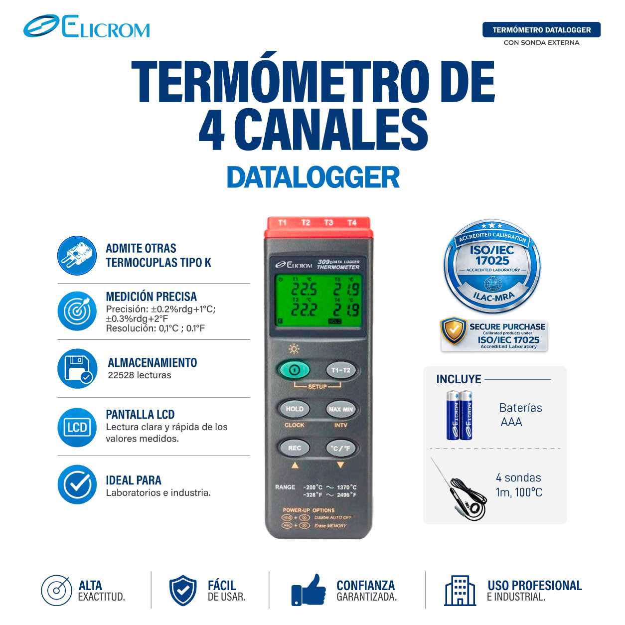 Termómetro Datalogger de 4 canales - ELICROM