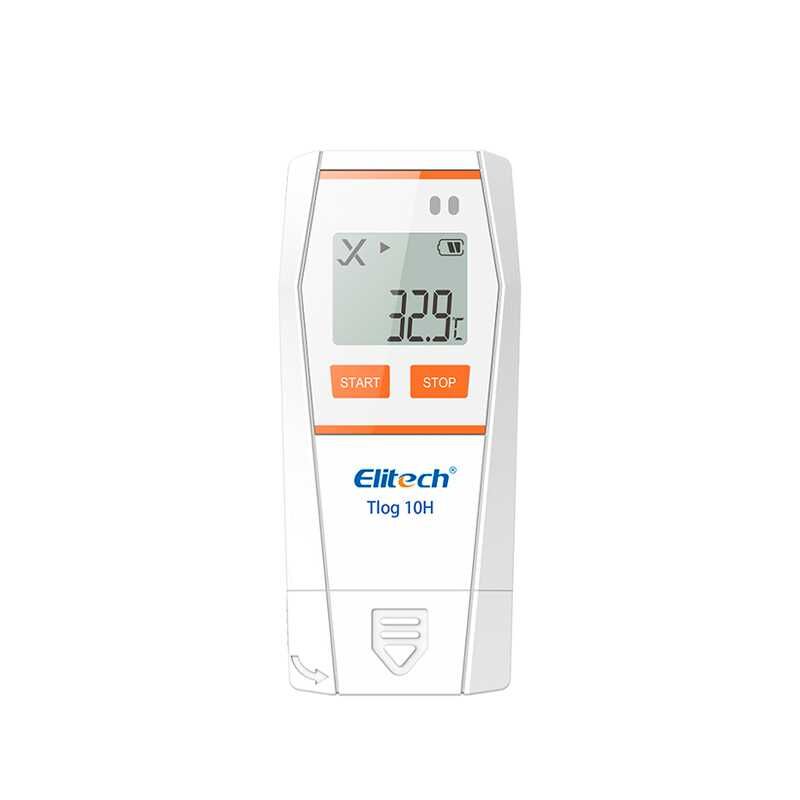 Sensor de temperatura y humedad externo sin conexión bluetooth - ELICROM Handheld Elitech Tlog 10H device with a digital screen showing 32.6 and orange Start and Stop buttons.