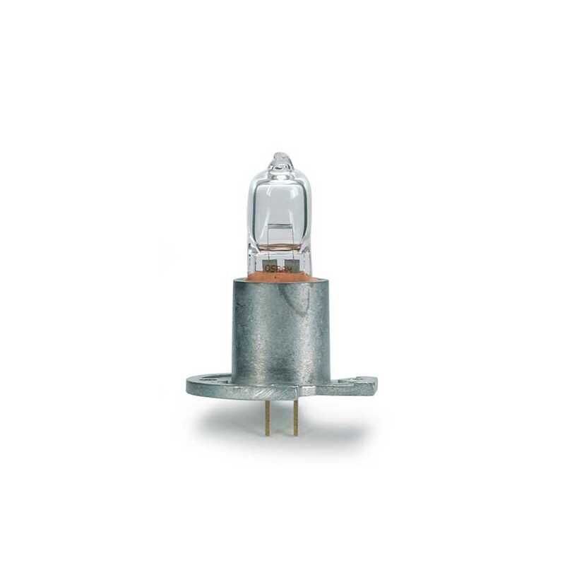 Lámpara halógena para espectrofotómetro modelo DR6000 - ELICROM Halogen automotive headlight bulb with a metal base and two flat pins.