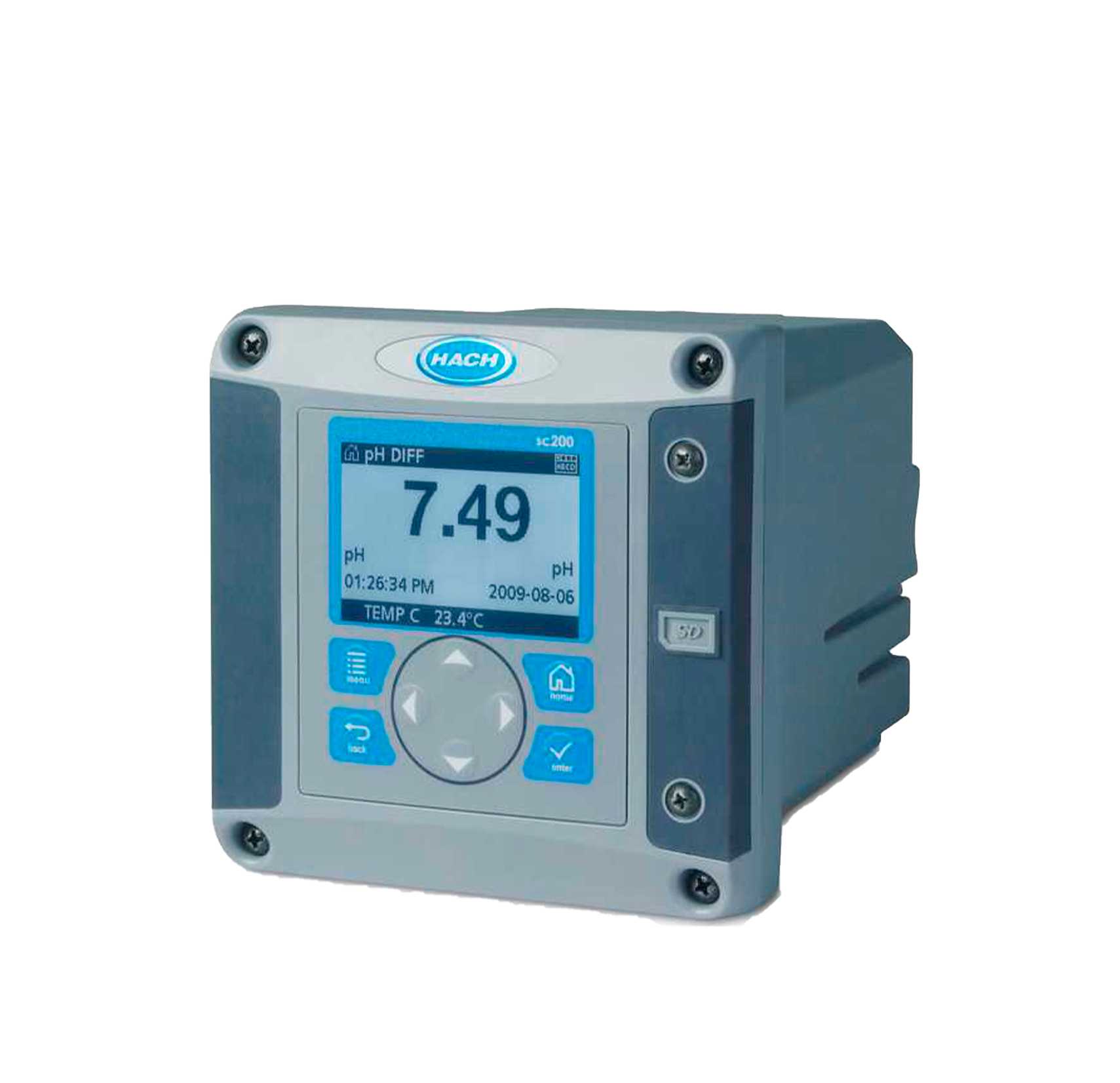 Controlador universal SC200: 24 V CC con una entrada de sensor de flujo analógico - ELICROM HACH handheld pH meter with blue lit display showing pH 7.49 and temperature readout low on the screen