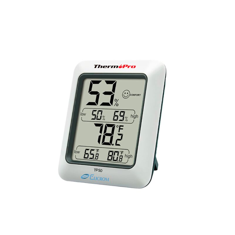 ThermoPro TP50 digital hygrometer-thermometer displaying humidity around 53% and indoor temperature 78.2°F with high/low indicators and branding.
